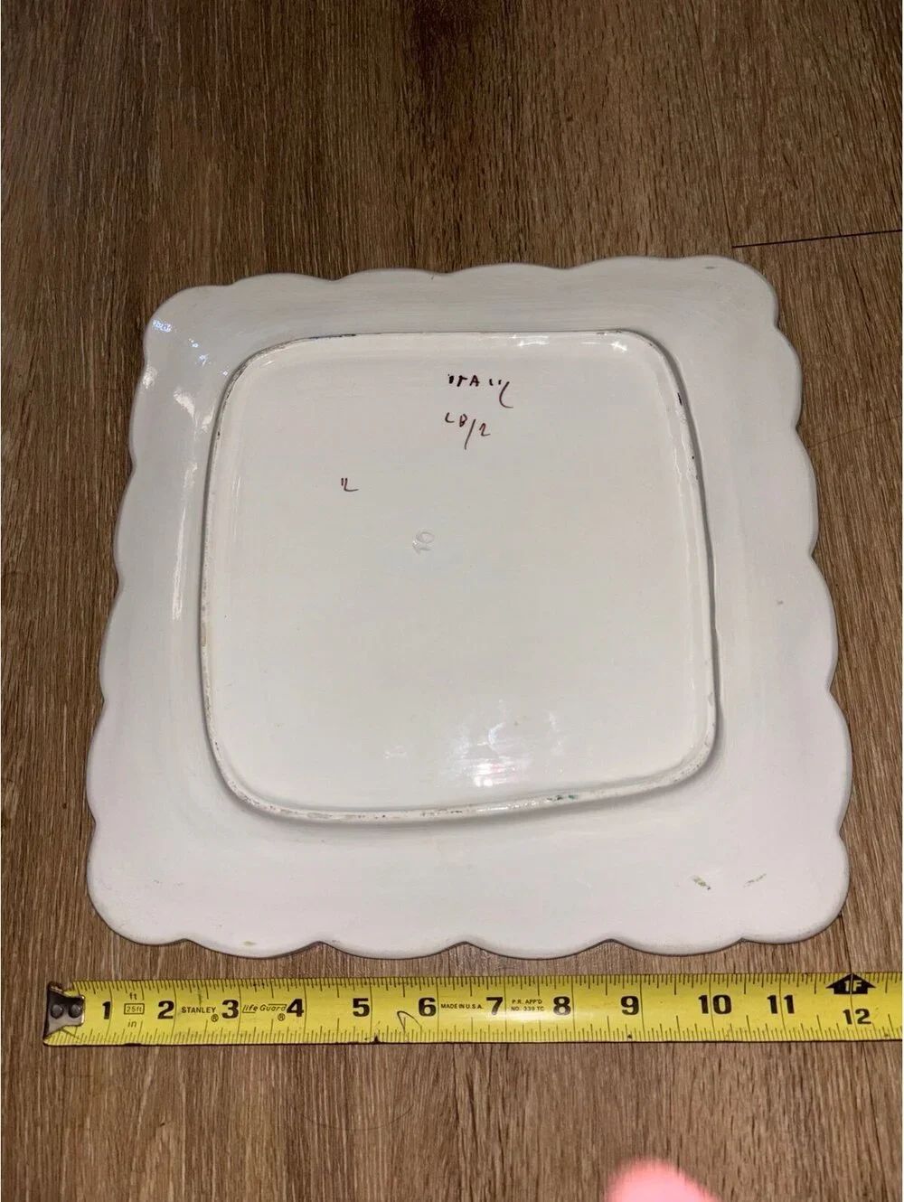 Hand Painted Italian Ceramic Plate Floral Scalloped Square 12”